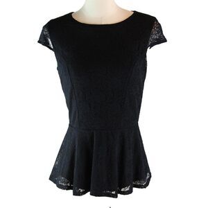 Pre-Loved Guess Women Blouse Black Floral Lace Peplum Button Down Back Top